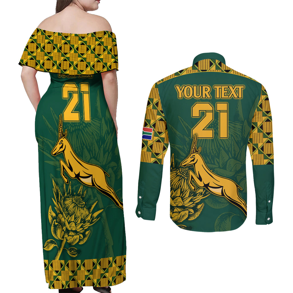 Custom South Africa Rugby Couples Matching Off Shoulder Maxi Dress and Long Sleeve Button Shirt Springboks Proud The Champions LT9 - Wonder Print Shop