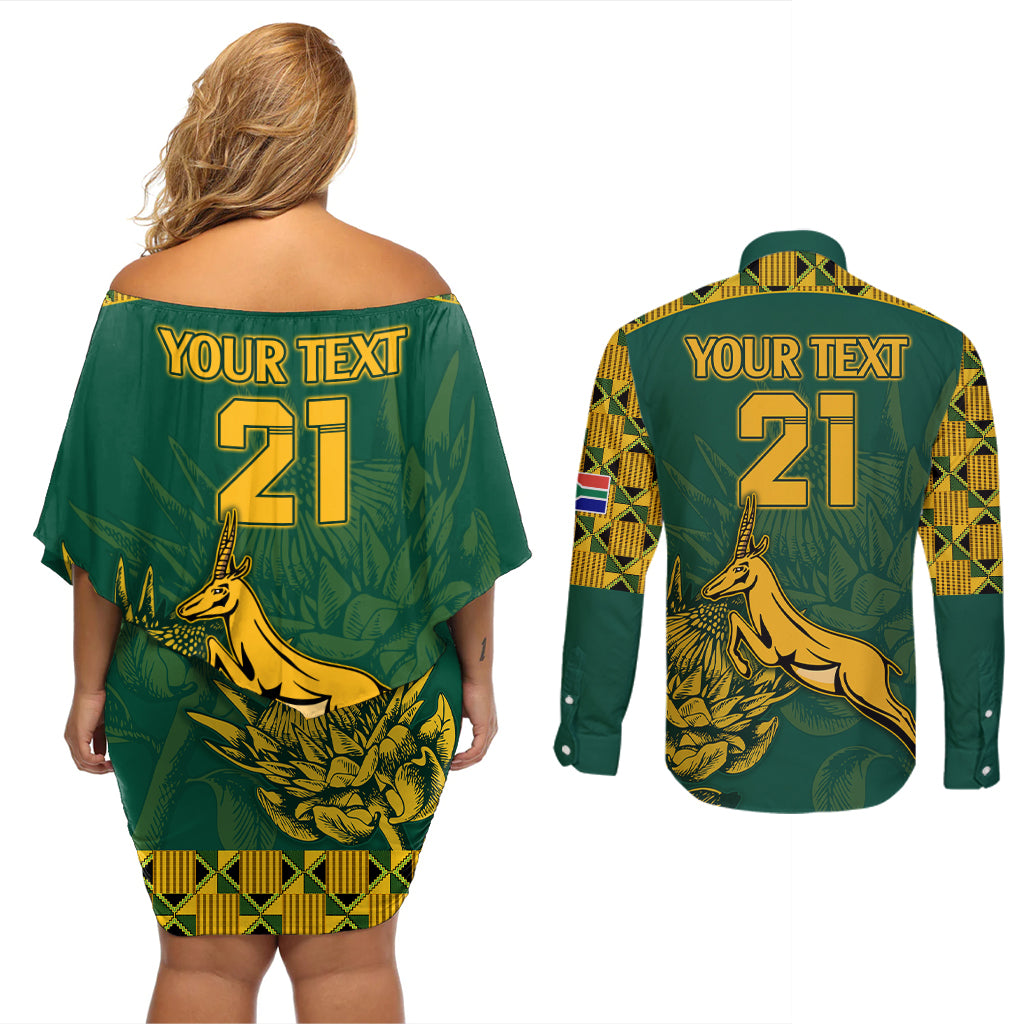 Custom South Africa Rugby Couples Matching Off Shoulder Short Dress and Long Sleeve Button Shirt Springboks Proud The Champions LT9 - Wonder Print Shop