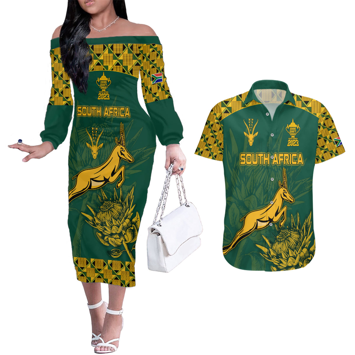 Custom South Africa Rugby Couples Matching Off The Shoulder Long Sleeve Dress and Hawaiian Shirt Springboks Proud The Champions LT9 - Wonder Print Shop