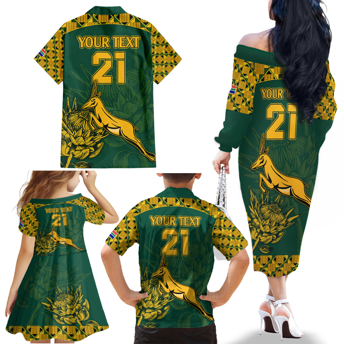 Custom South Africa Rugby Family Matching Off Shoulder Long Sleeve Dress and Hawaiian Shirt Springboks Proud The Champions - Wonder Print Shop