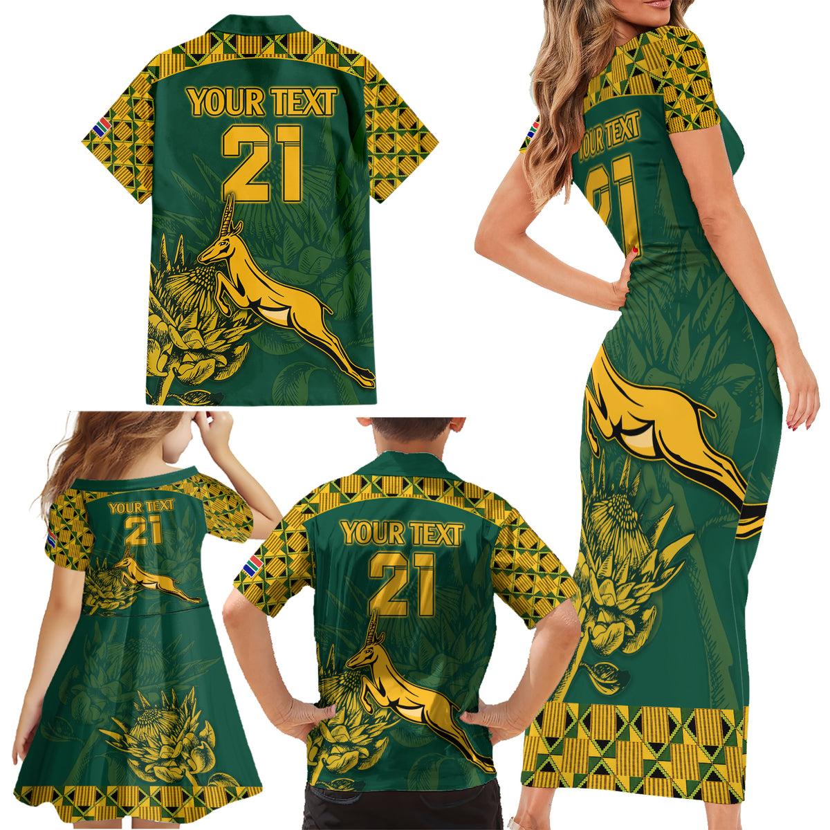 Custom South Africa Rugby Family Matching Short Sleeve Bodycon Dress and Hawaiian Shirt Springboks Proud The Champions - Wonder Print Shop
