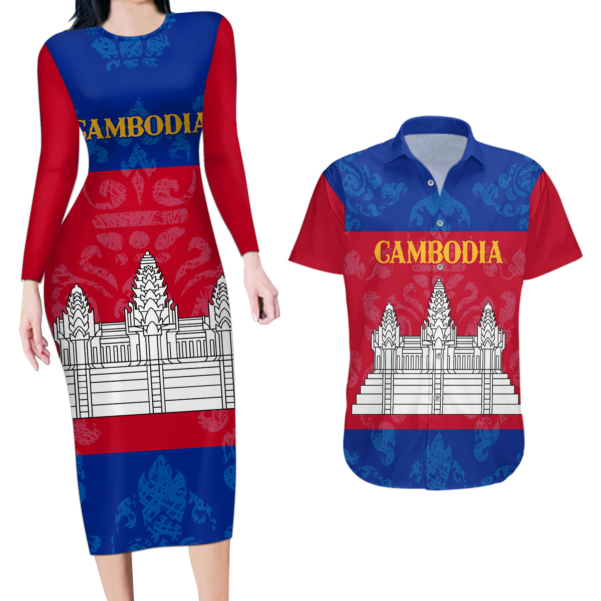 Personalised Cambodia Couples Matching Long Sleeve Bodycon Dress and Hawaiian Shirt With Simple Flag Style LT9 - Wonder Print Shop