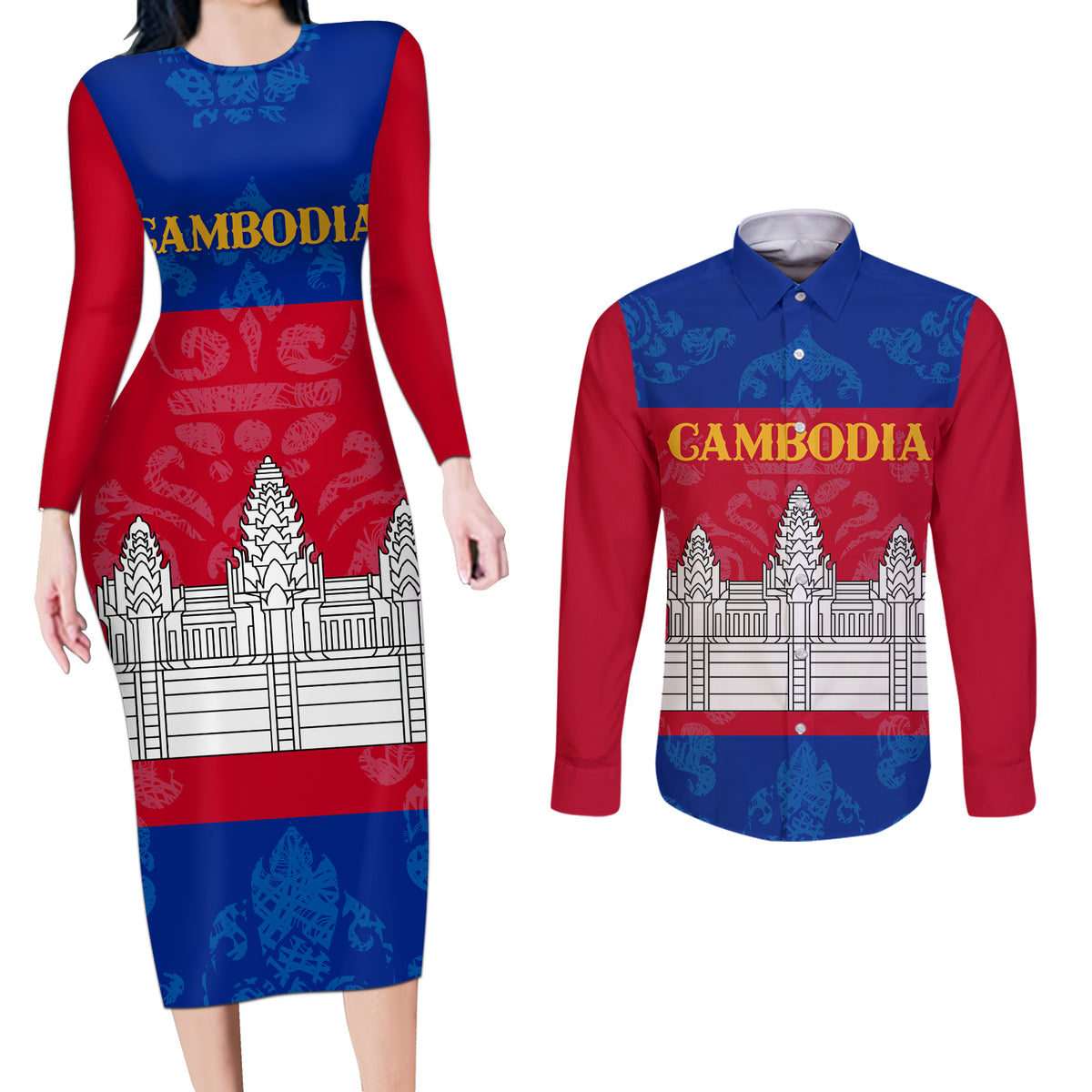 Personalised Cambodia Couples Matching Long Sleeve Bodycon Dress and Long Sleeve Button Shirt With Simple Flag Style LT9 - Wonder Print Shop