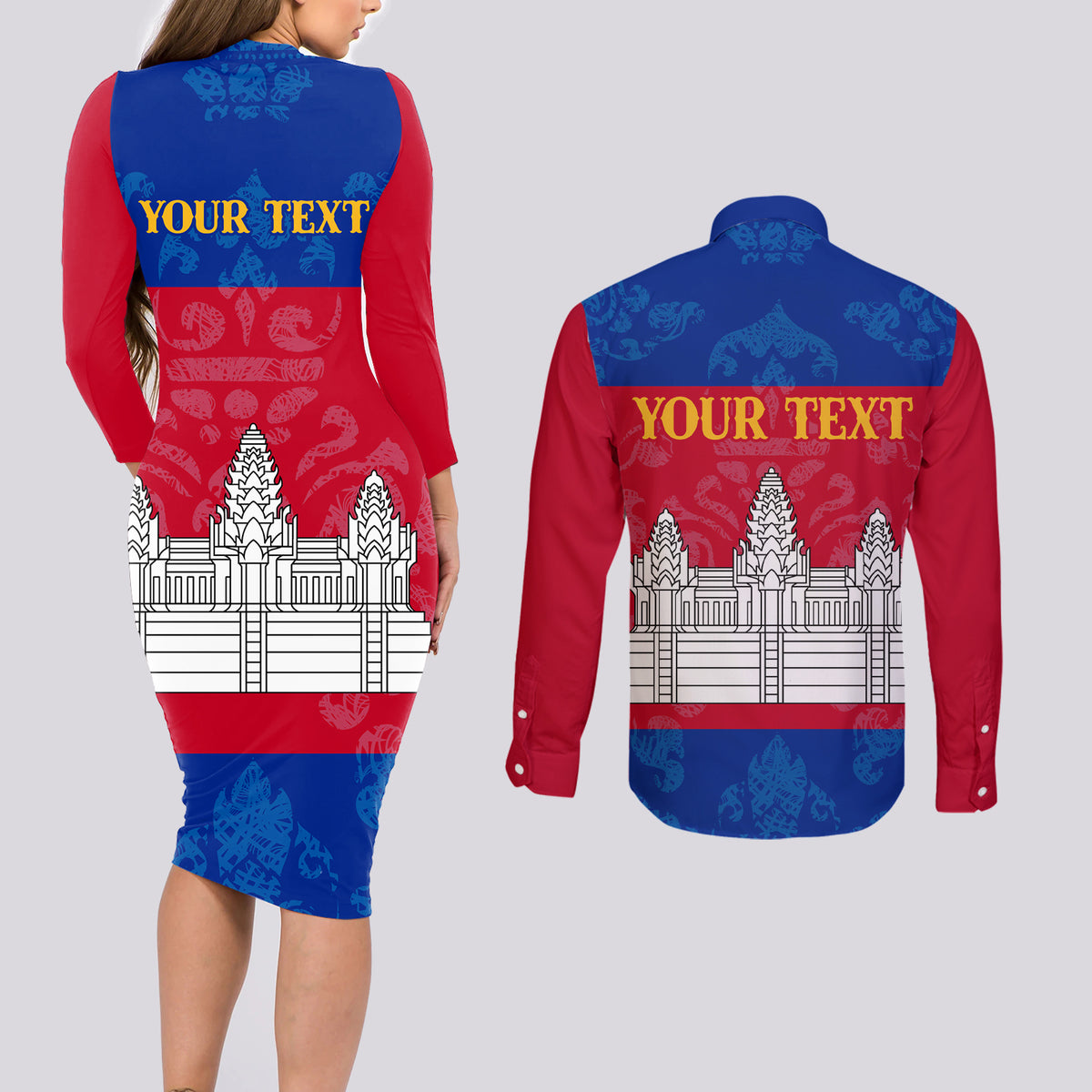 Personalised Cambodia Couples Matching Long Sleeve Bodycon Dress and Long Sleeve Button Shirt With Simple Flag Style LT9 - Wonder Print Shop