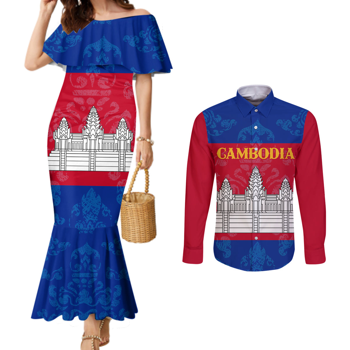 personalised-cambodia-couples-matching-mermaid-dress-and-long-sleeve-button-shirt-with-simple-flag-style