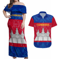 Personalised Cambodia Couples Matching Off Shoulder Maxi Dress and Hawaiian Shirt With Simple Flag Style LT9 - Wonder Print Shop