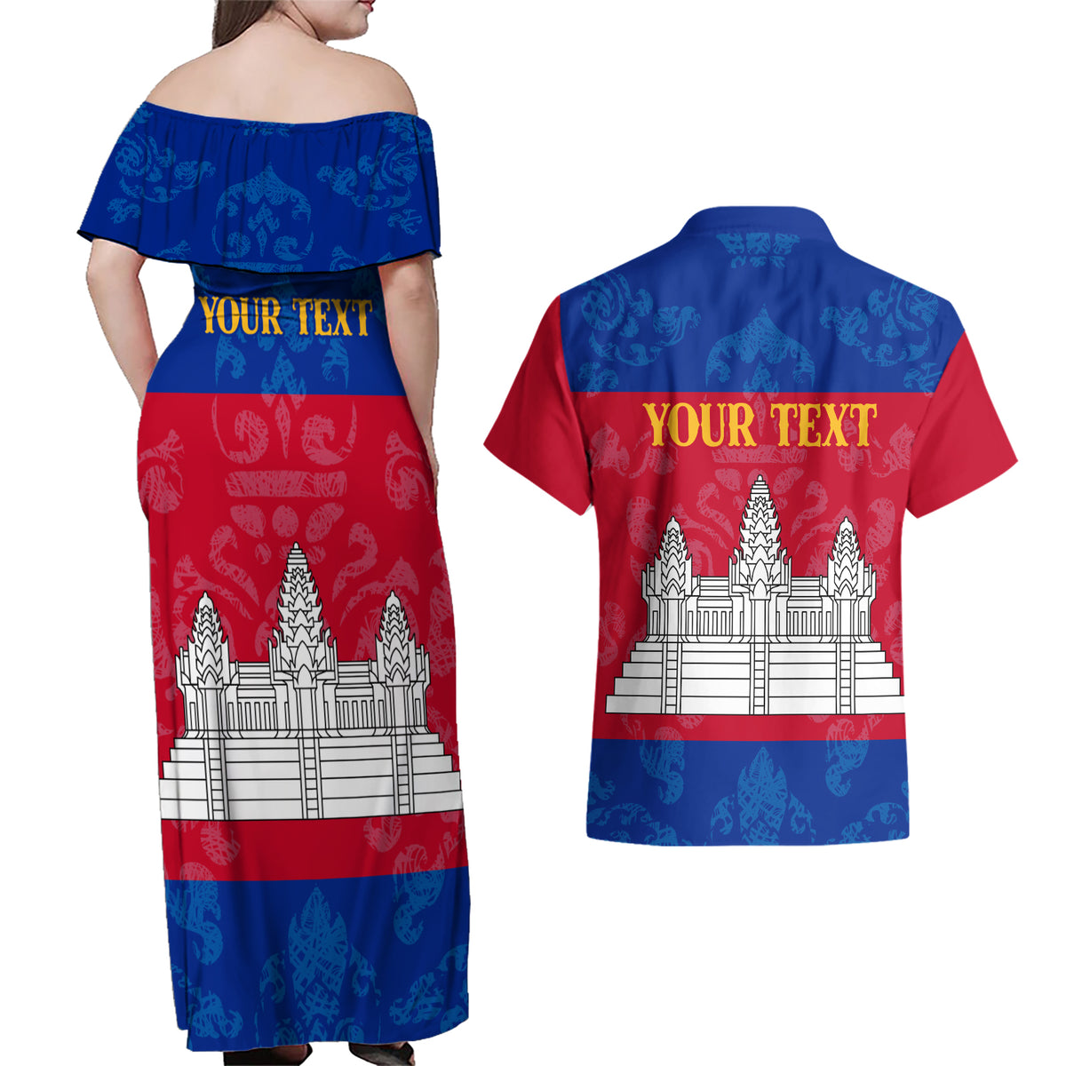Personalised Cambodia Couples Matching Off Shoulder Maxi Dress and Hawaiian Shirt With Simple Flag Style LT9 - Wonder Print Shop