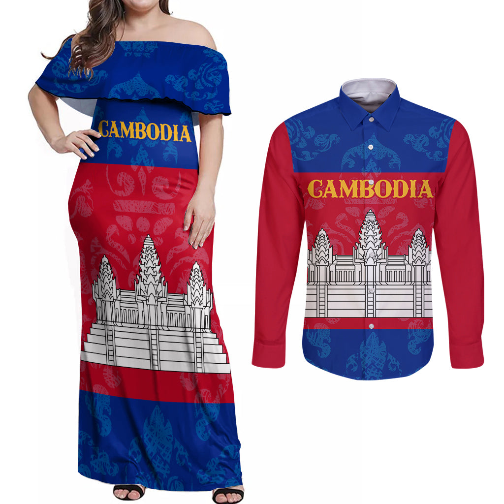 Personalised Cambodia Couples Matching Off Shoulder Maxi Dress and Long Sleeve Button Shirt With Simple Flag Style LT9 - Wonder Print Shop