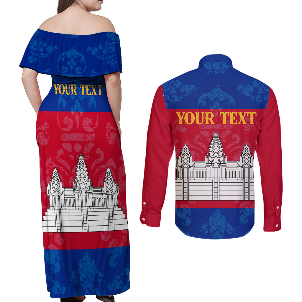Personalised Cambodia Couples Matching Off Shoulder Maxi Dress and Long Sleeve Button Shirt With Simple Flag Style LT9 - Wonder Print Shop