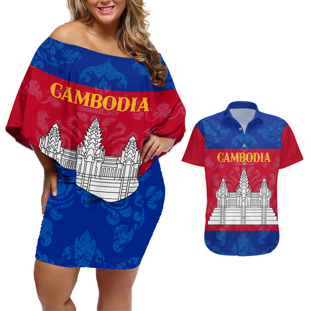 Personalised Cambodia Couples Matching Off Shoulder Short Dress and Hawaiian Shirt With Simple Flag Style LT9 - Wonder Print Shop