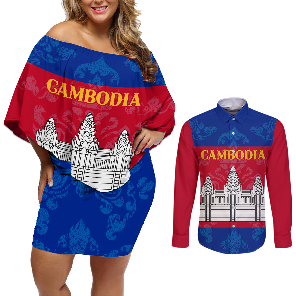 Personalised Cambodia Couples Matching Off Shoulder Short Dress and Long Sleeve Button Shirt With Simple Flag Style LT9 - Wonder Print Shop