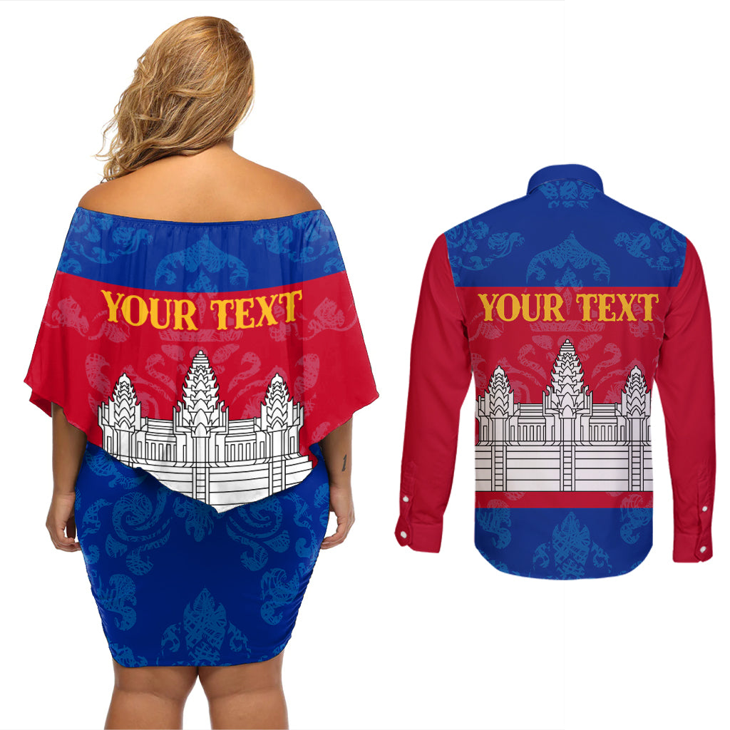 Personalised Cambodia Couples Matching Off Shoulder Short Dress and Long Sleeve Button Shirt With Simple Flag Style LT9 - Wonder Print Shop