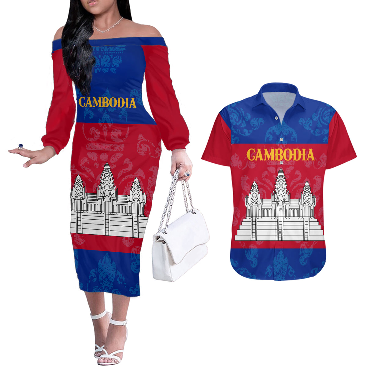 Personalised Cambodia Couples Matching Off The Shoulder Long Sleeve Dress and Hawaiian Shirt With Simple Flag Style LT9 - Wonder Print Shop