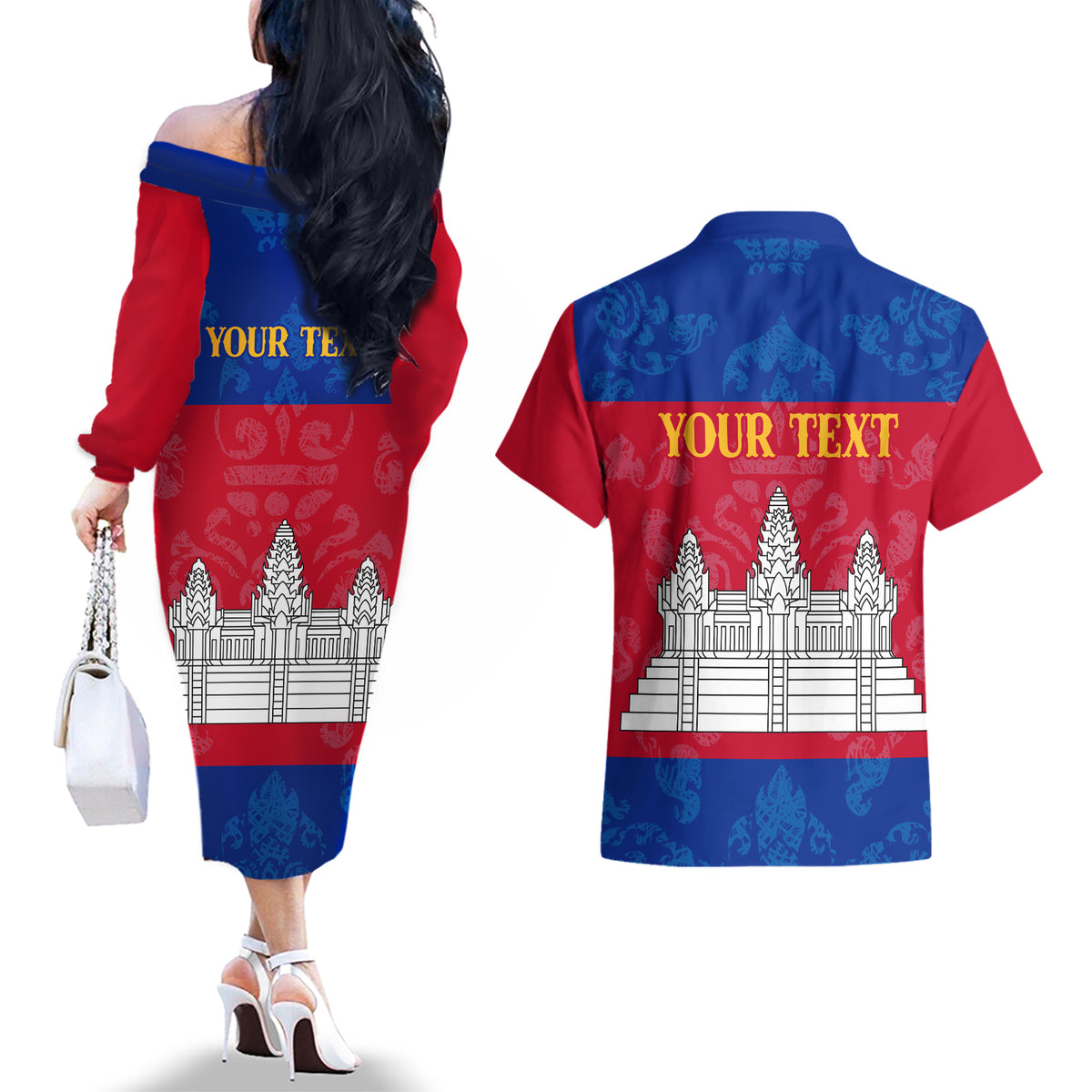 Personalised Cambodia Couples Matching Off The Shoulder Long Sleeve Dress and Hawaiian Shirt With Simple Flag Style LT9 - Wonder Print Shop