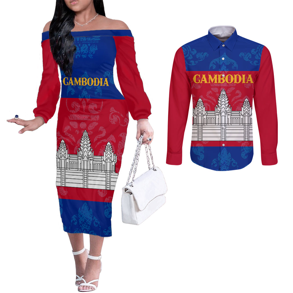 personalised-cambodia-couples-matching-off-the-shoulder-long-sleeve-dress-and-long-sleeve-button-shirt-with-simple-flag-style