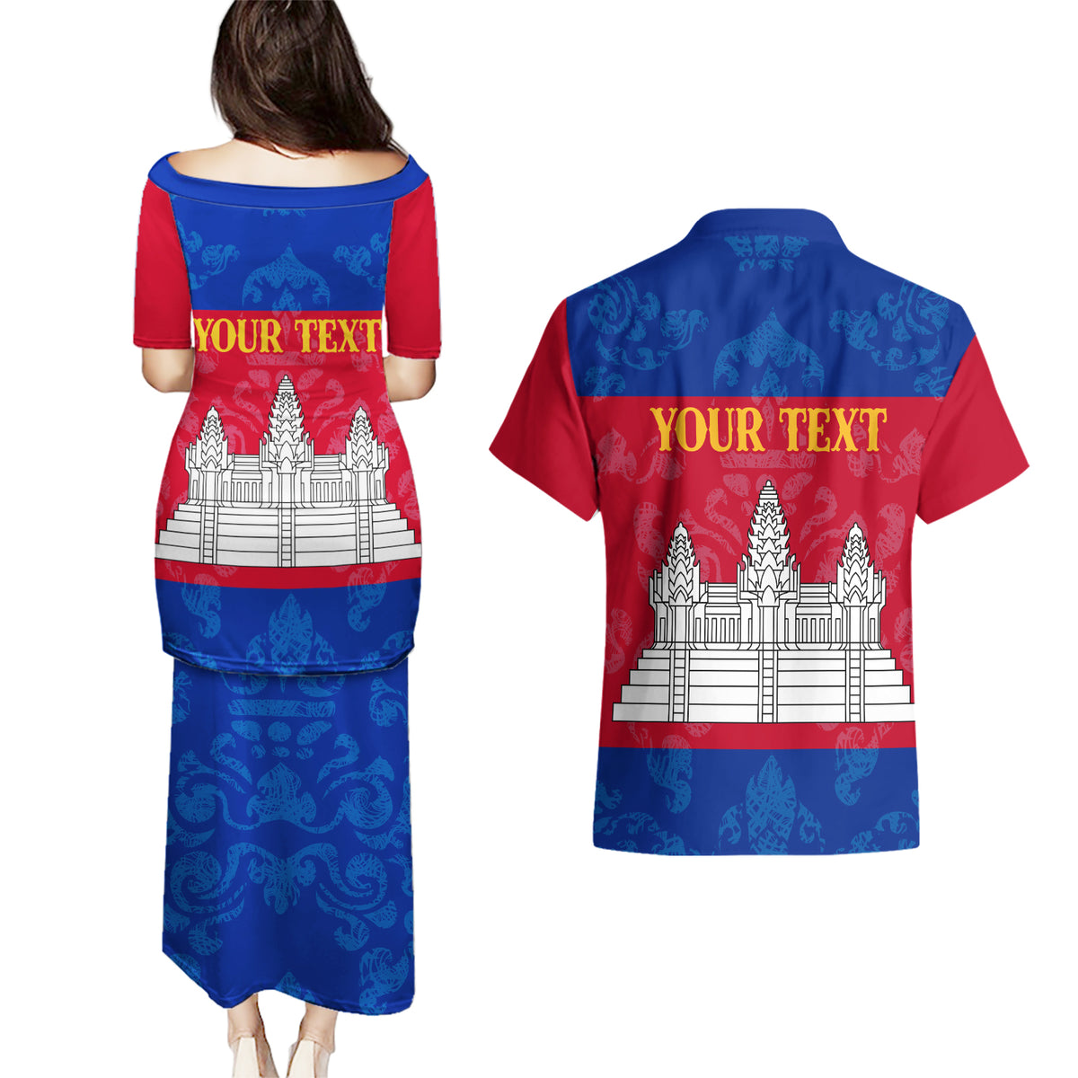 Personalised Cambodia Couples Matching Puletasi Dress and Hawaiian Shirt With Simple Flag Style LT9 - Wonder Print Shop