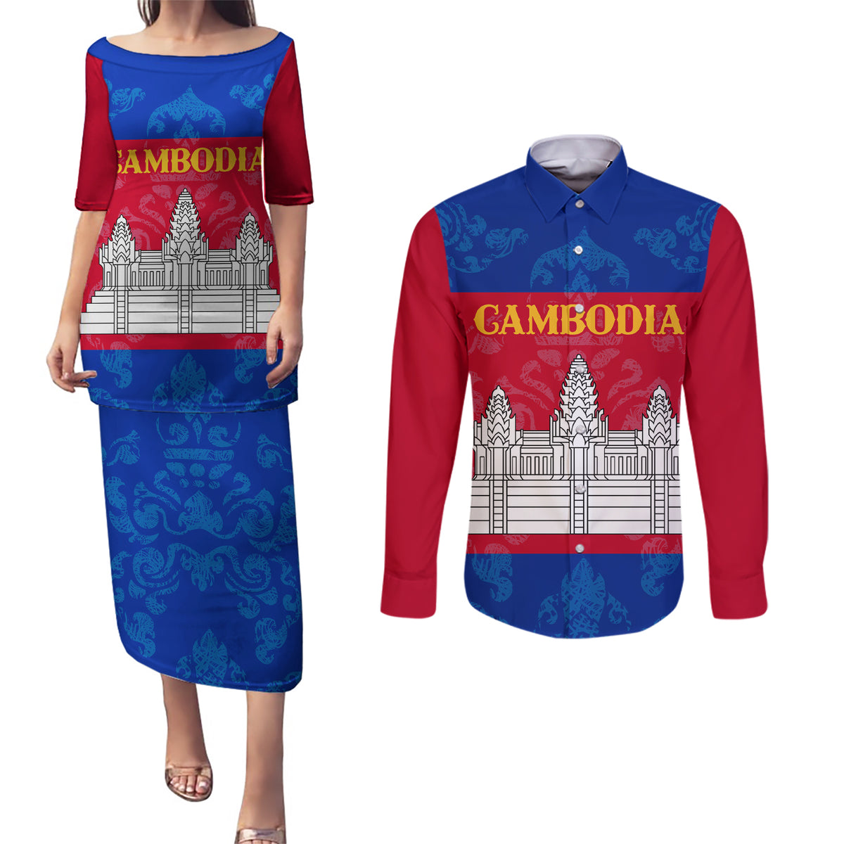 Personalised Cambodia Couples Matching Puletasi Dress and Long Sleeve Button Shirt With Simple Flag Style LT9 - Wonder Print Shop