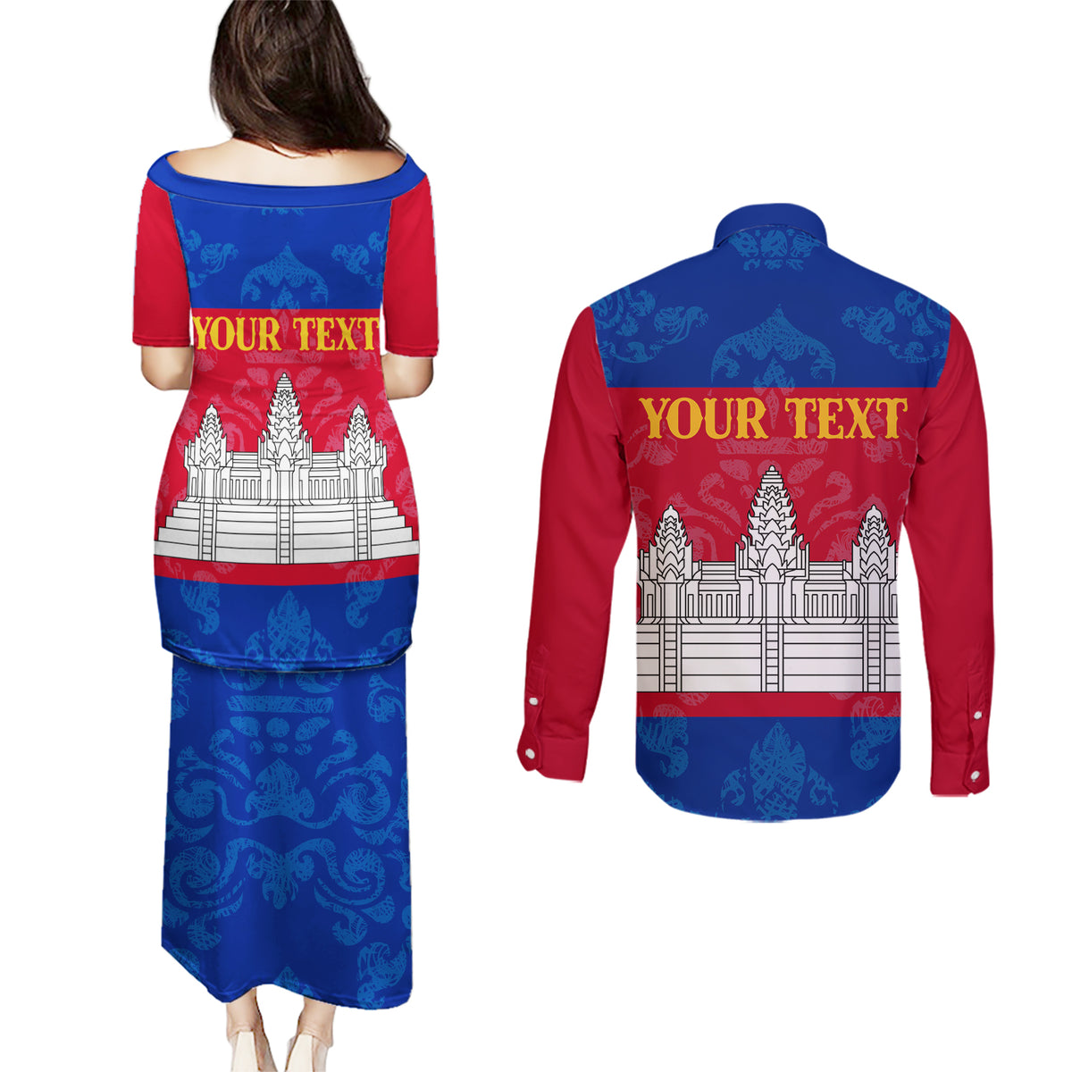 Personalised Cambodia Couples Matching Puletasi Dress and Long Sleeve Button Shirt With Simple Flag Style LT9 - Wonder Print Shop