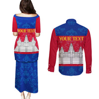 Personalised Cambodia Couples Matching Puletasi Dress and Long Sleeve Button Shirt With Simple Flag Style LT9 - Wonder Print Shop