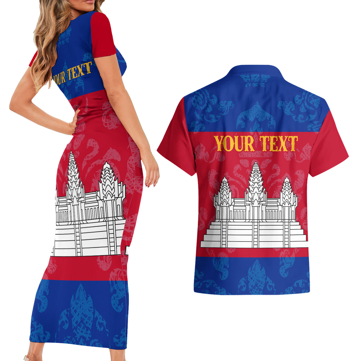 Personalised Cambodia Couples Matching Short Sleeve Bodycon Dress and Hawaiian Shirt With Simple Flag Style LT9 - Wonder Print Shop