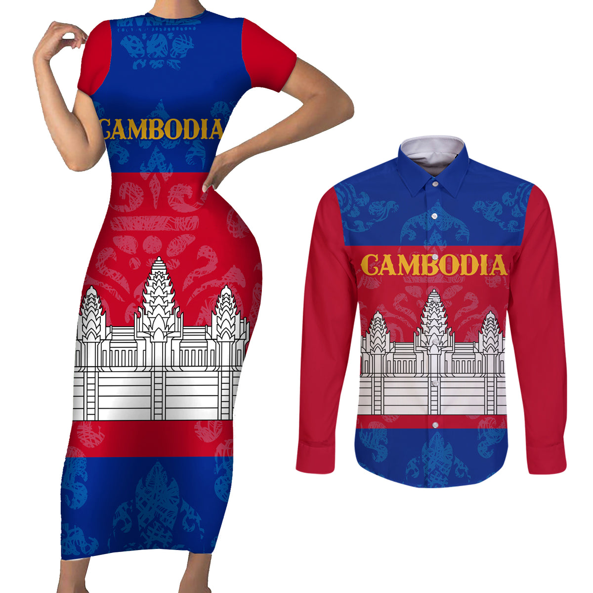Personalised Cambodia Couples Matching Short Sleeve Bodycon Dress and Long Sleeve Button Shirt With Simple Flag Style LT9 - Wonder Print Shop