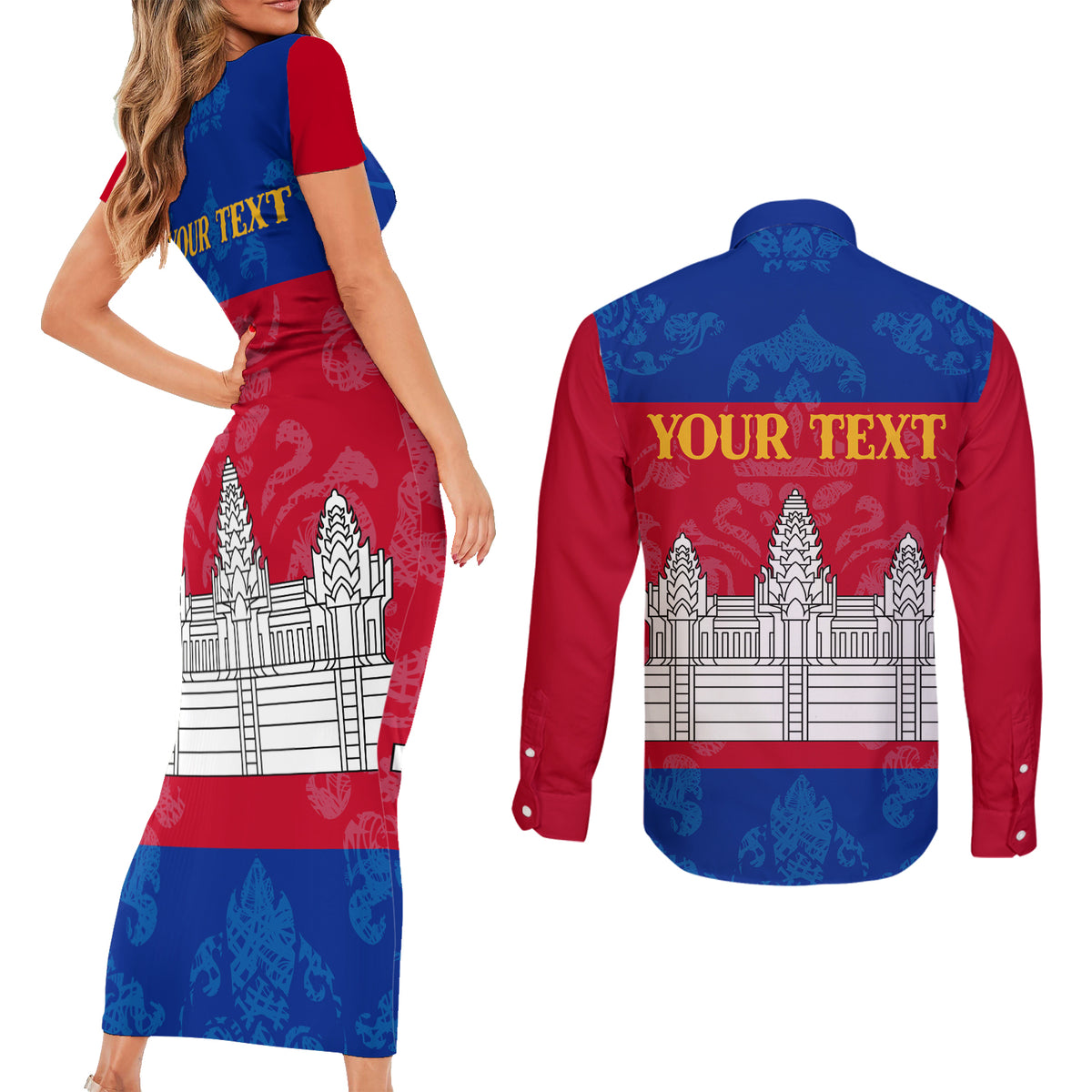 Personalised Cambodia Couples Matching Short Sleeve Bodycon Dress and Long Sleeve Button Shirt With Simple Flag Style LT9 - Wonder Print Shop