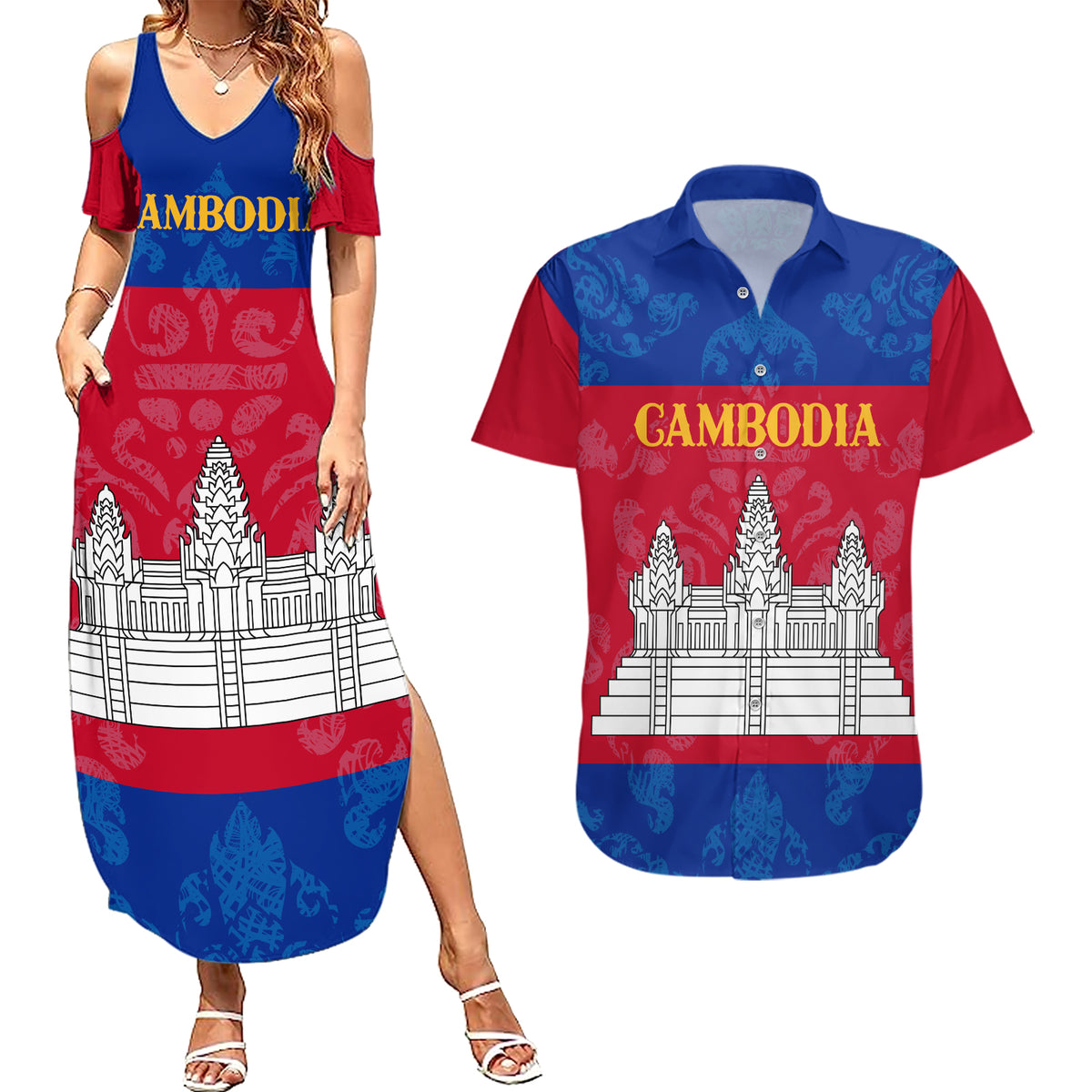 Personalised Cambodia Couples Matching Summer Maxi Dress and Hawaiian Shirt With Simple Flag Style LT9 - Wonder Print Shop