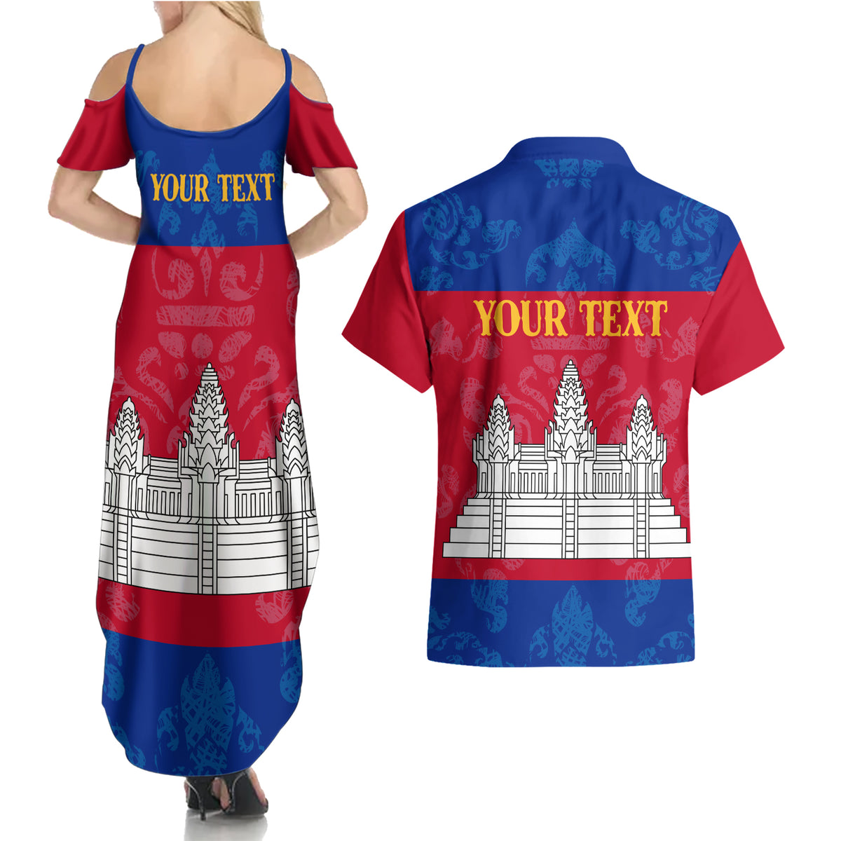Personalised Cambodia Couples Matching Summer Maxi Dress and Hawaiian Shirt With Simple Flag Style LT9 - Wonder Print Shop