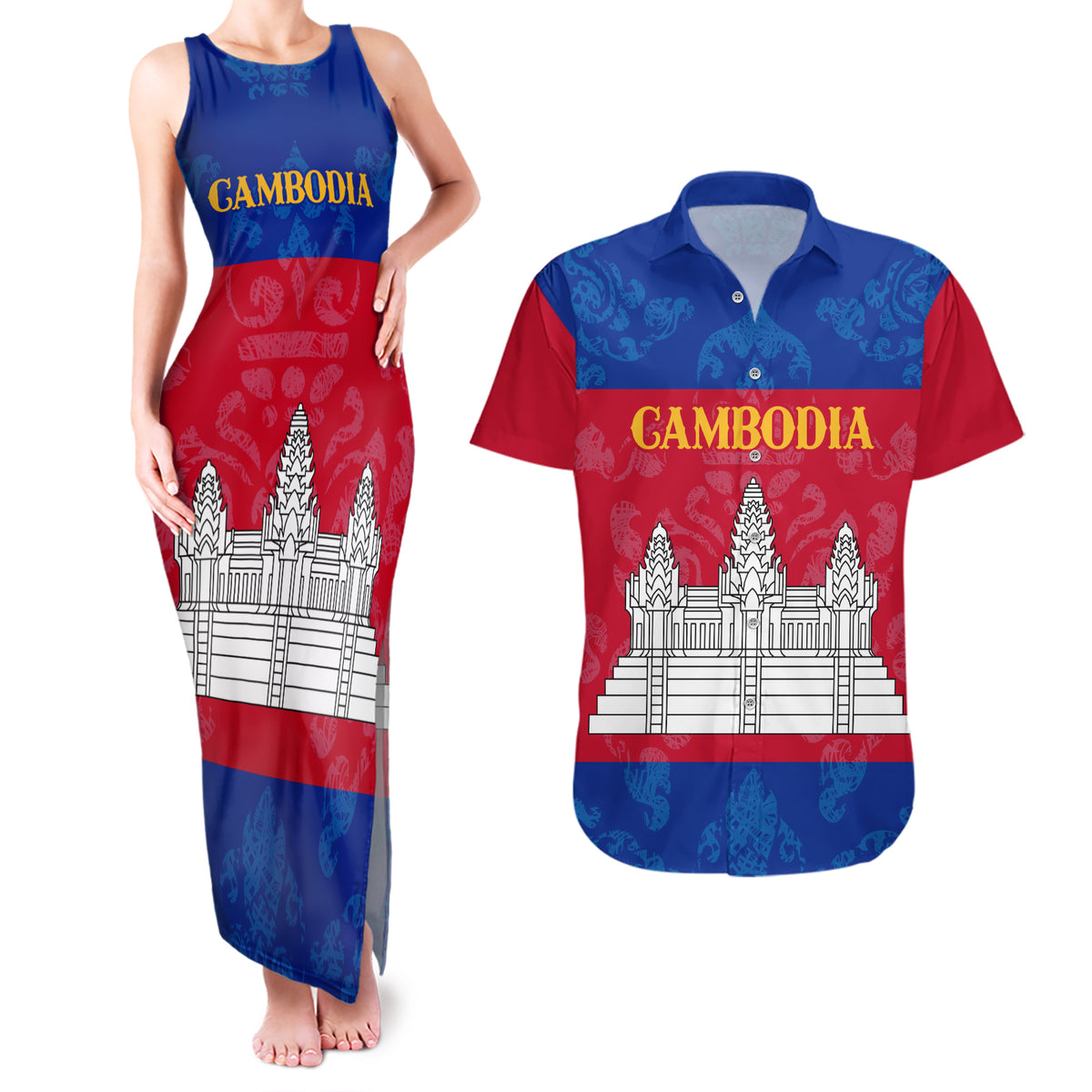 Personalised Cambodia Couples Matching Tank Maxi Dress and Hawaiian Shirt With Simple Flag Style LT9 - Wonder Print Shop
