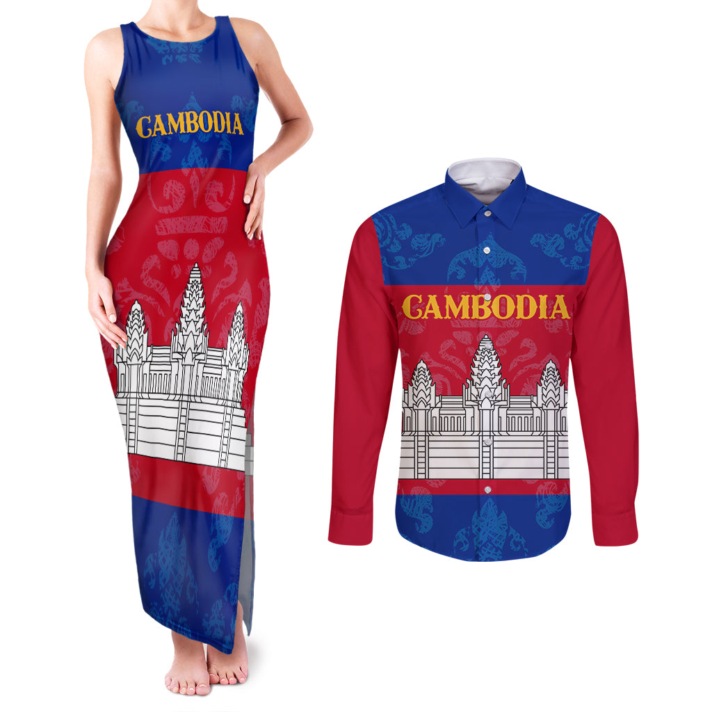 Personalised Cambodia Couples Matching Tank Maxi Dress and Long Sleeve Button Shirt With Simple Flag Style LT9 - Wonder Print Shop