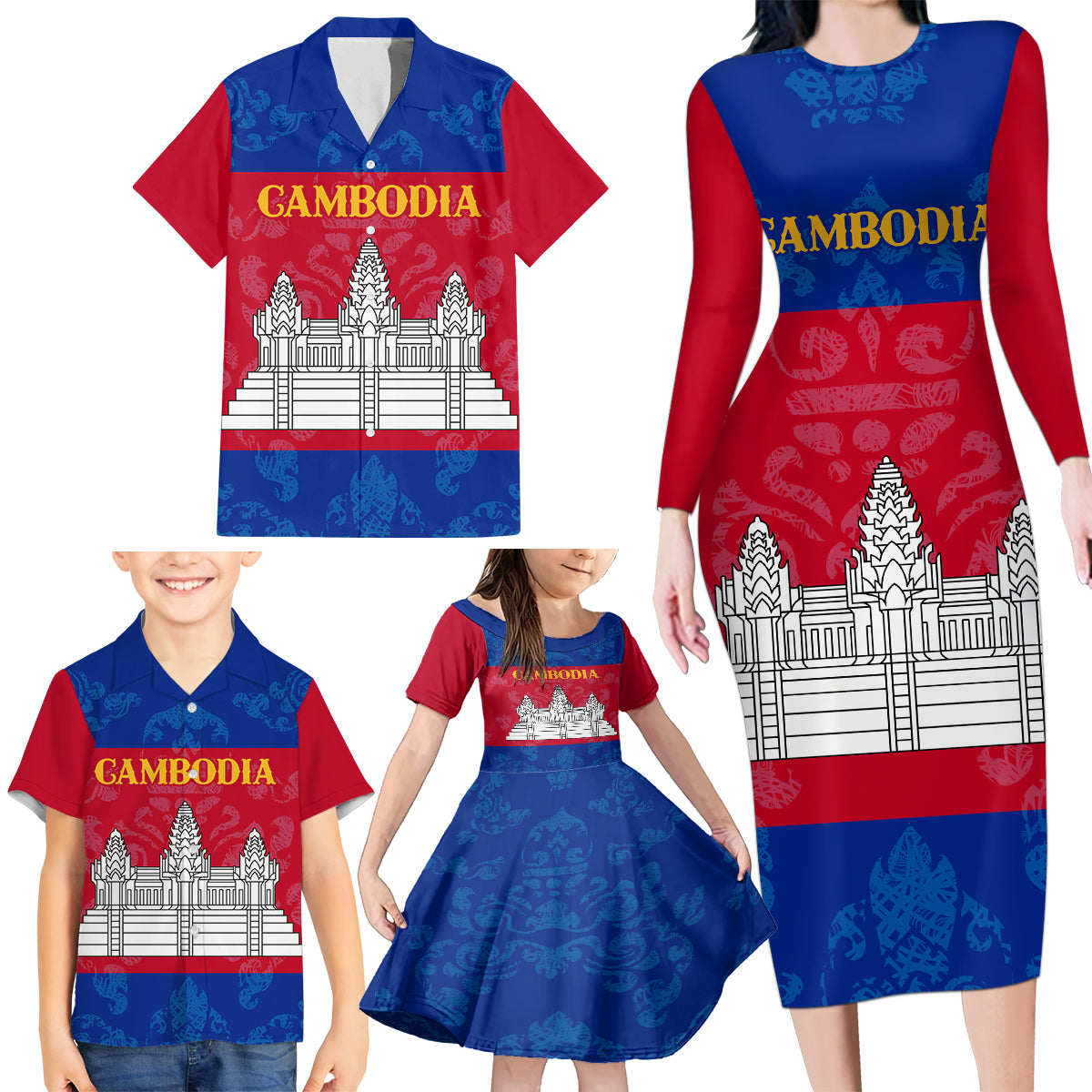 Personalised Cambodia Family Matching Long Sleeve Bodycon Dress and Hawaiian Shirt With Simple Flag Style LT9 - Wonder Print Shop