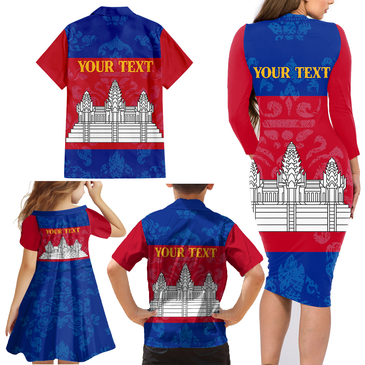 Personalised Cambodia Family Matching Long Sleeve Bodycon Dress and Hawaiian Shirt With Simple Flag Style LT9 - Wonder Print Shop
