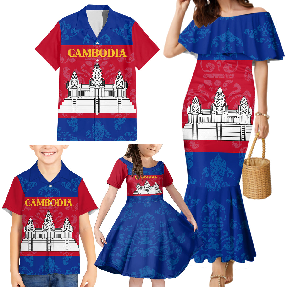 Personalised Cambodia Family Matching Mermaid Dress and Hawaiian Shirt With Simple Flag Style LT9 - Wonder Print Shop