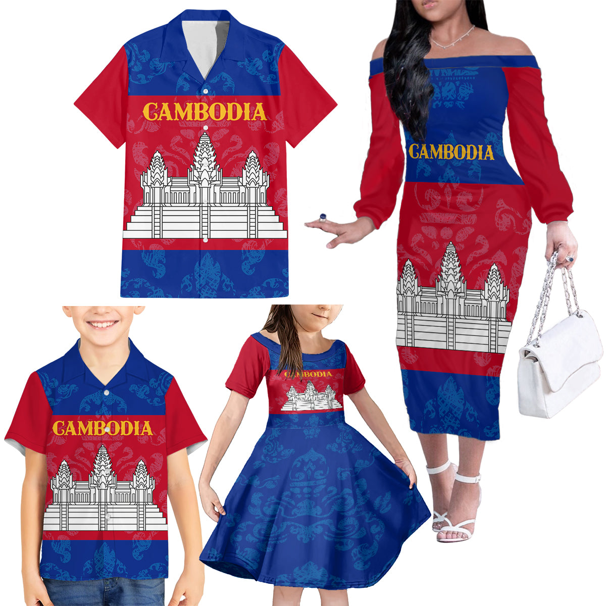 Personalised Cambodia Family Matching Off Shoulder Long Sleeve Dress and Hawaiian Shirt With Simple Flag Style - Wonder Print Shop