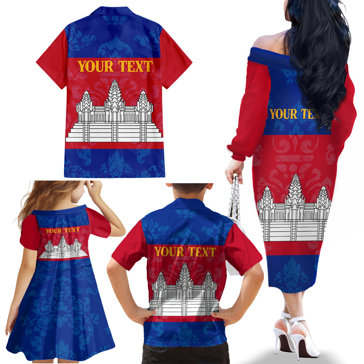Personalised Cambodia Family Matching Off Shoulder Long Sleeve Dress and Hawaiian Shirt With Simple Flag Style - Wonder Print Shop