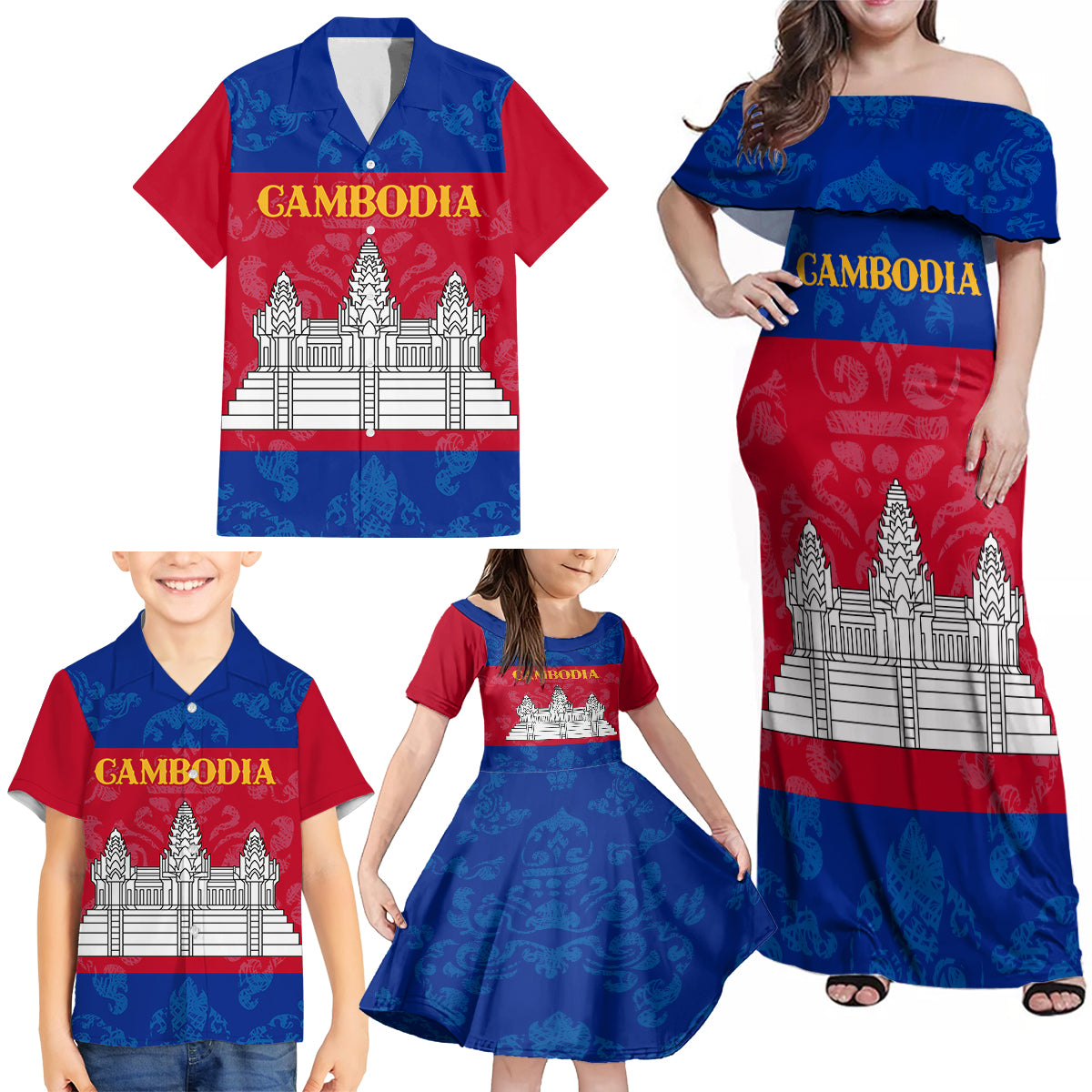 Personalised Cambodia Family Matching Off Shoulder Maxi Dress and Hawaiian Shirt With Simple Flag Style LT9 - Wonder Print Shop
