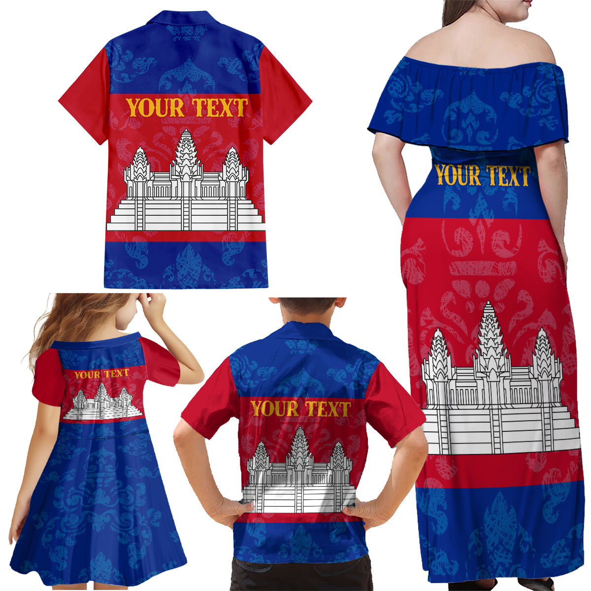 Personalised Cambodia Family Matching Off Shoulder Maxi Dress and Hawaiian Shirt With Simple Flag Style LT9 - Wonder Print Shop