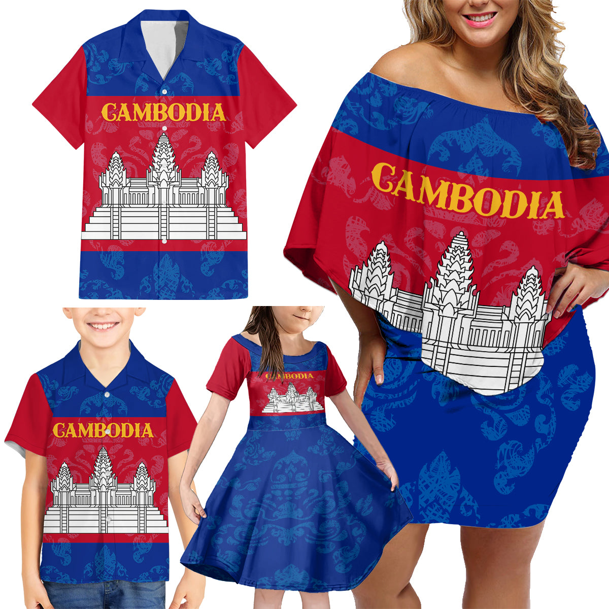 Personalised Cambodia Family Matching Off Shoulder Short Dress and Hawaiian Shirt With Simple Flag Style LT9 - Wonder Print Shop