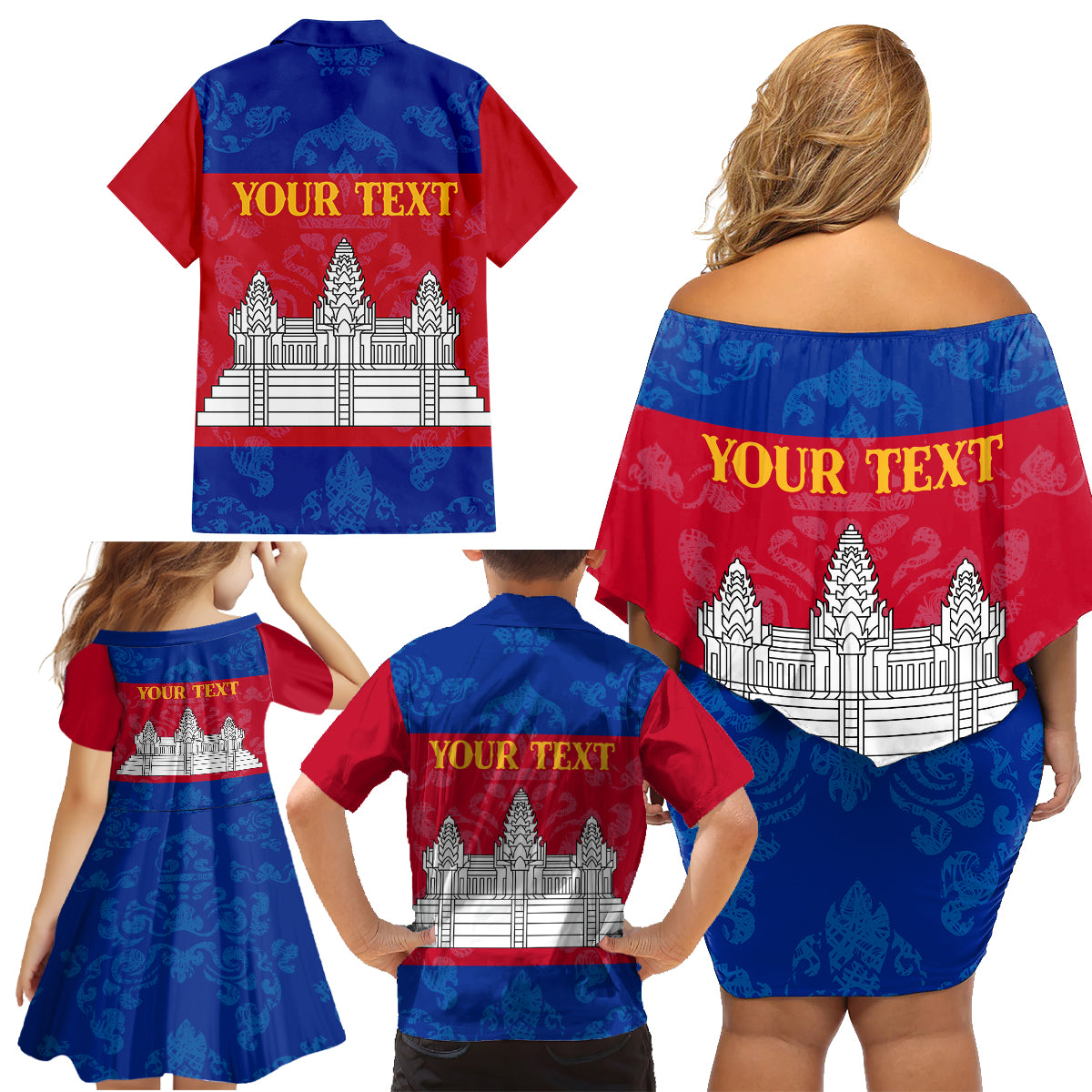 Personalised Cambodia Family Matching Off Shoulder Short Dress and Hawaiian Shirt With Simple Flag Style LT9 - Wonder Print Shop