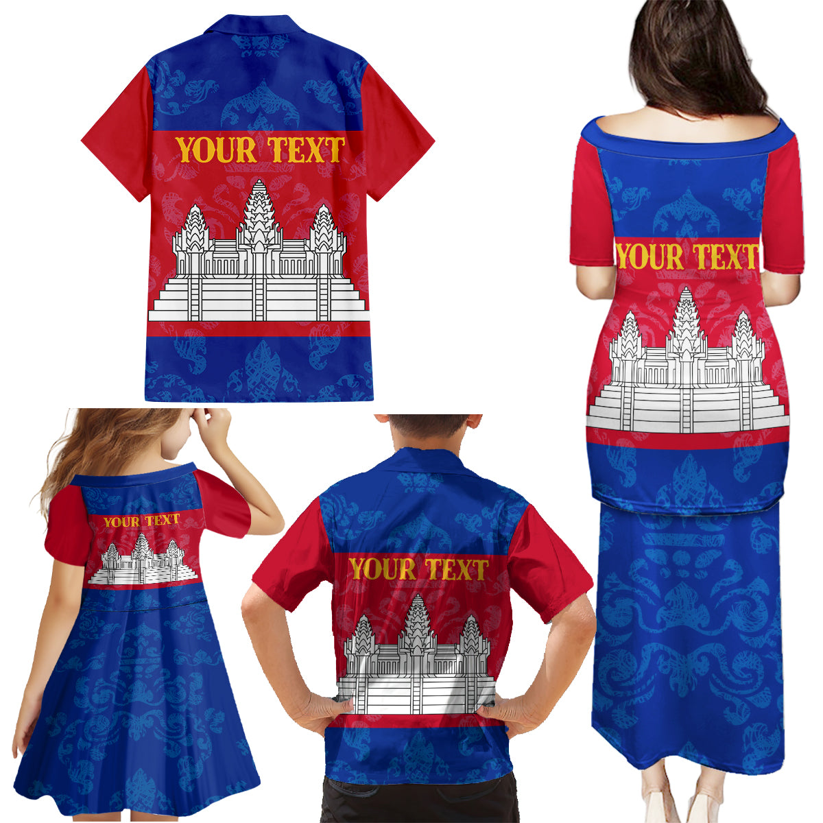 Personalised Cambodia Family Matching Puletasi Dress and Hawaiian Shirt With Simple Flag Style - Wonder Print Shop
