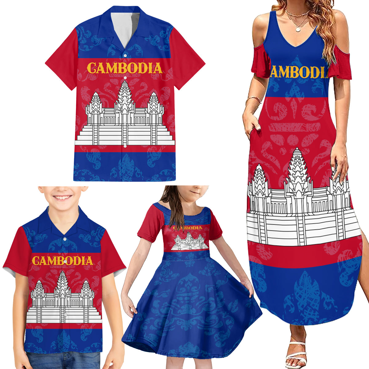 Personalised Cambodia Family Matching Summer Maxi Dress and Hawaiian Shirt With Simple Flag Style - Wonder Print Shop