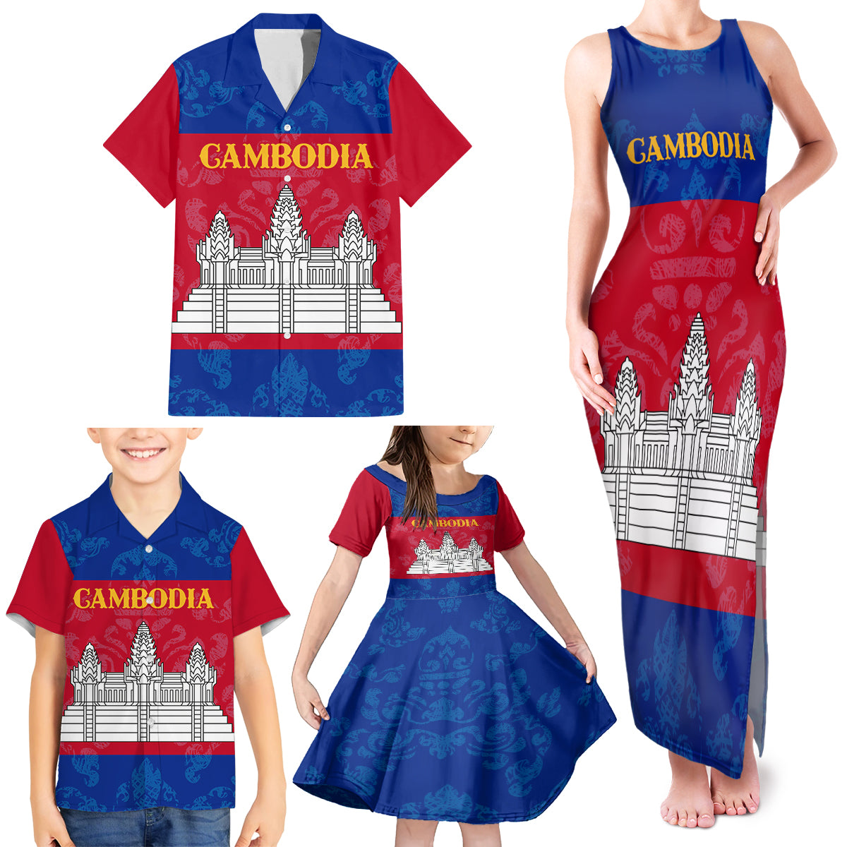 Personalised Cambodia Family Matching Tank Maxi Dress and Hawaiian Shirt With Simple Flag Style - Wonder Print Shop