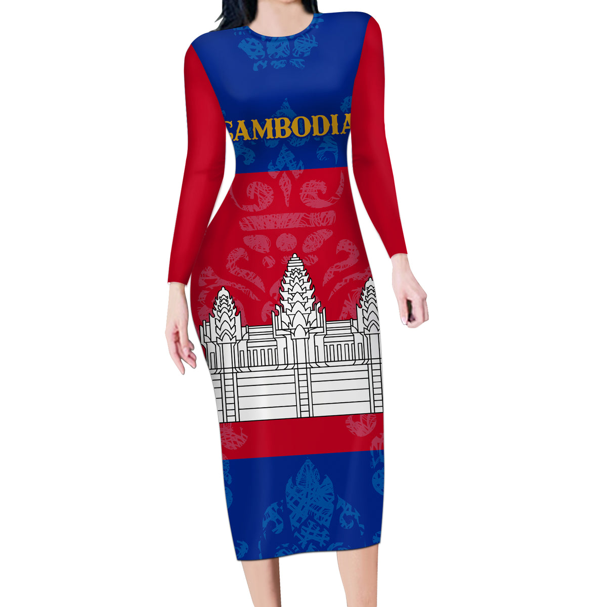 Personalised Cambodia Long Sleeve Bodycon Dress With Simple Flag Style - Wonder Print Shop
