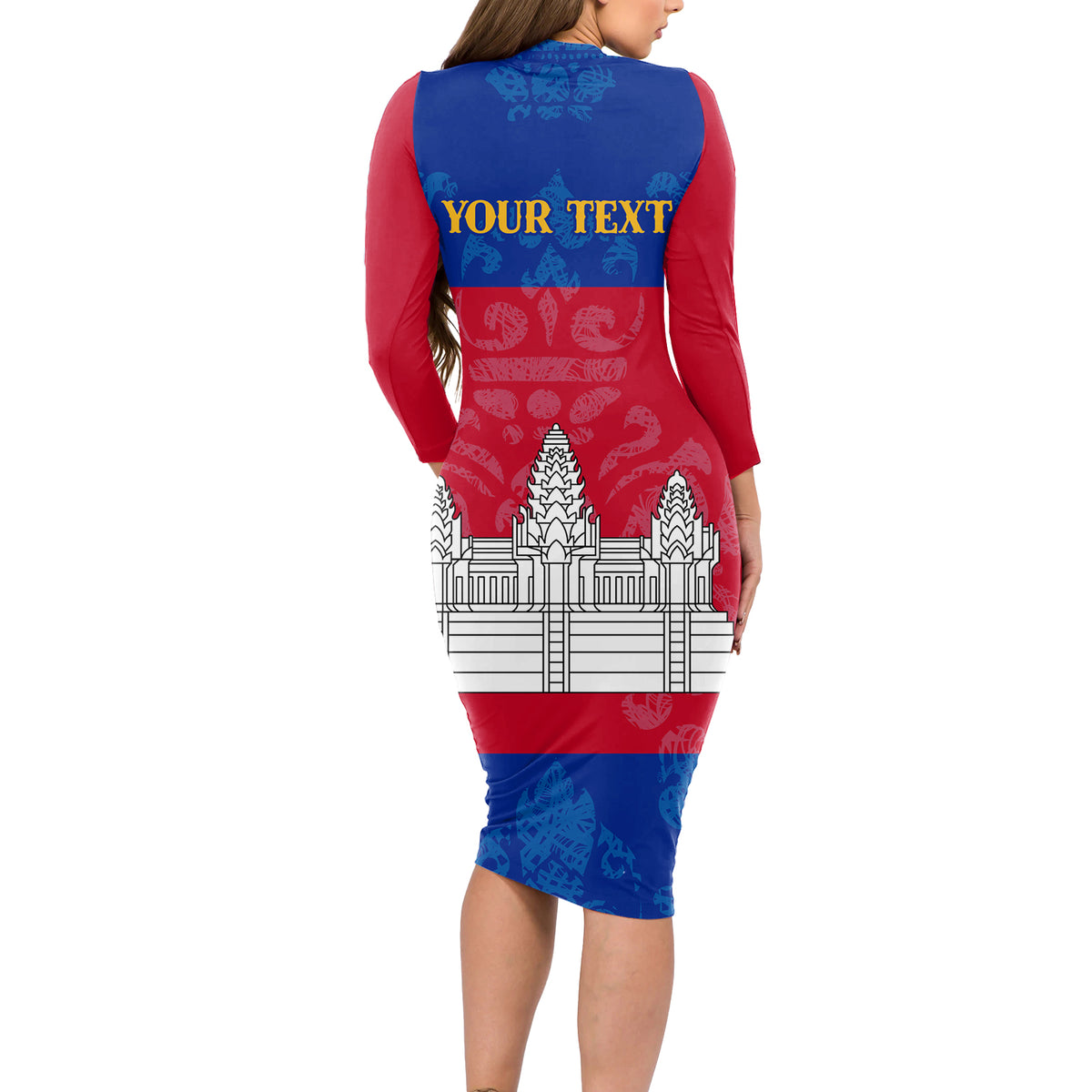 Personalised Cambodia Long Sleeve Bodycon Dress With Simple Flag Style - Wonder Print Shop