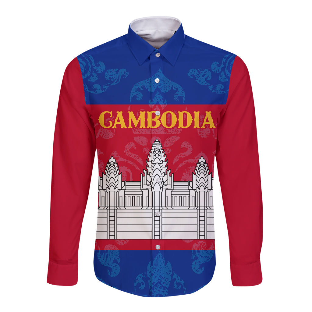 Personalised Cambodia Long Sleeve Button Shirt With Simple Flag Style - Wonder Print Shop