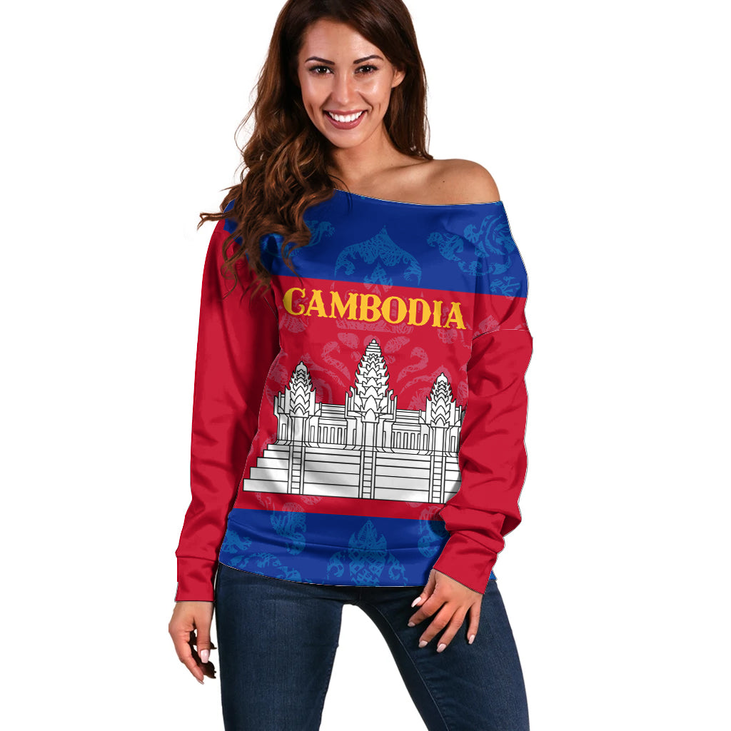 Personalised Cambodia Off Shoulder Sweater With Simple Flag Style - Wonder Print Shop