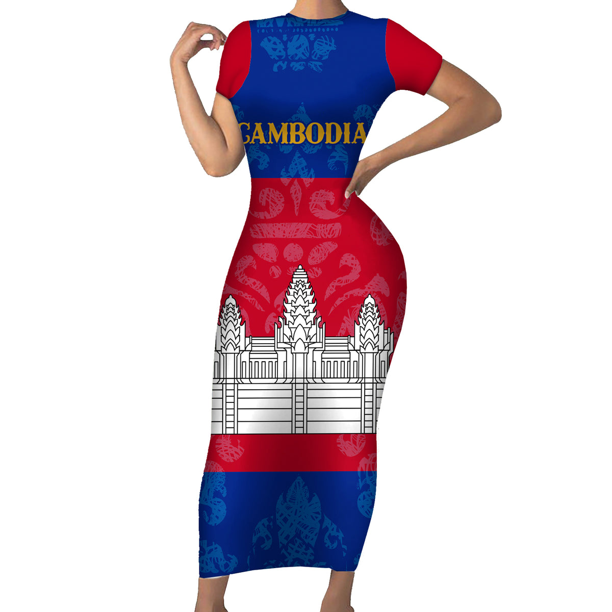 Personalised Cambodia Short Sleeve Bodycon Dress With Simple Flag Style - Wonder Print Shop