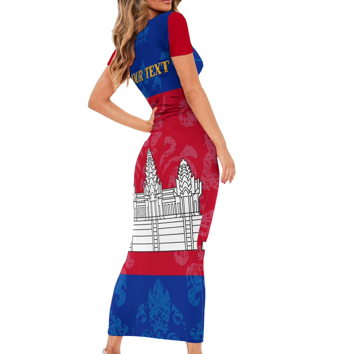 Personalised Cambodia Short Sleeve Bodycon Dress With Simple Flag Style - Wonder Print Shop