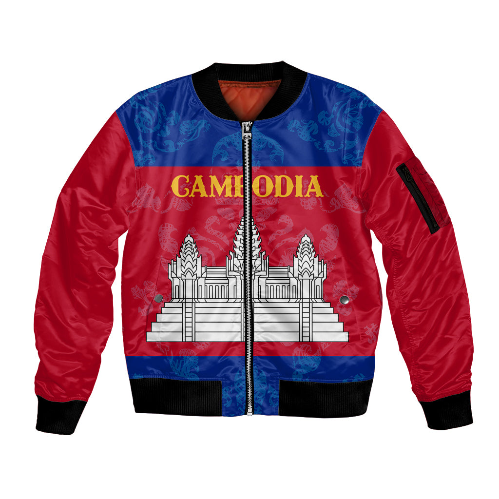 Personalised Cambodia Sleeve Zip Bomber Jacket With Simple Flag Style - Wonder Print Shop