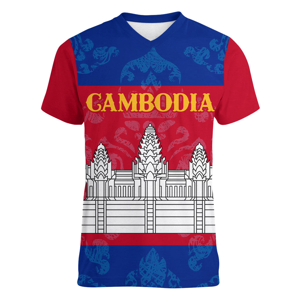Personalised Cambodia Women V Neck T Shirt With Simple Flag Style - Wonder Print Shop